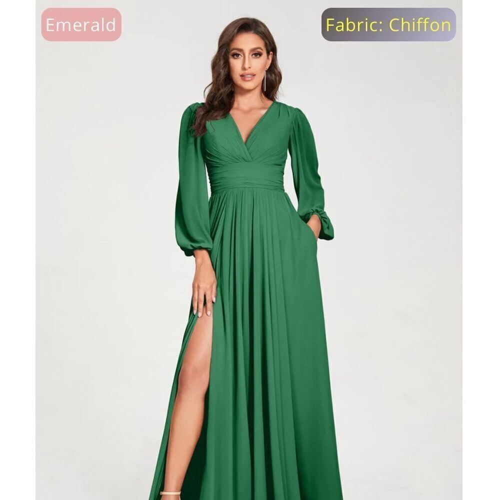 NEW Lavetir Long Bridesmaid Dresses Sleeves Chiffon V-Neck Pockets 8